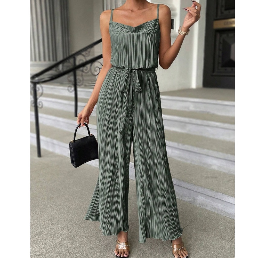 Luxe Dark Green Pleated Belted Wide Leg Cami Jumpsuit - Picture 3 of 7